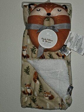 NEW Adirondack Baby Blanket Neck Pillow Throw Gift Set Fox Leaves Fleece Sherpa